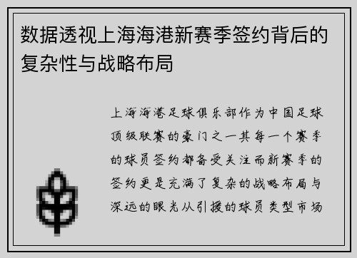 数据透视上海海港新赛季签约背后的复杂性与战略布局