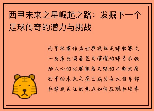 西甲未来之星崛起之路：发掘下一个足球传奇的潜力与挑战