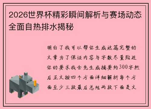 2026世界杯精彩瞬间解析与赛场动态全面自热排水揭秘
