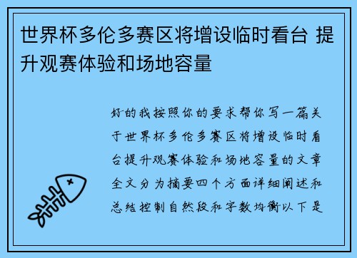 世界杯多伦多赛区将增设临时看台 提升观赛体验和场地容量