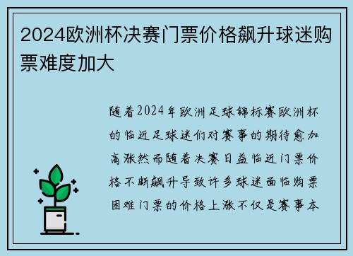 2024欧洲杯决赛门票价格飙升球迷购票难度加大 2024欧洲杯决赛门票价格飙升球迷购票难度加大